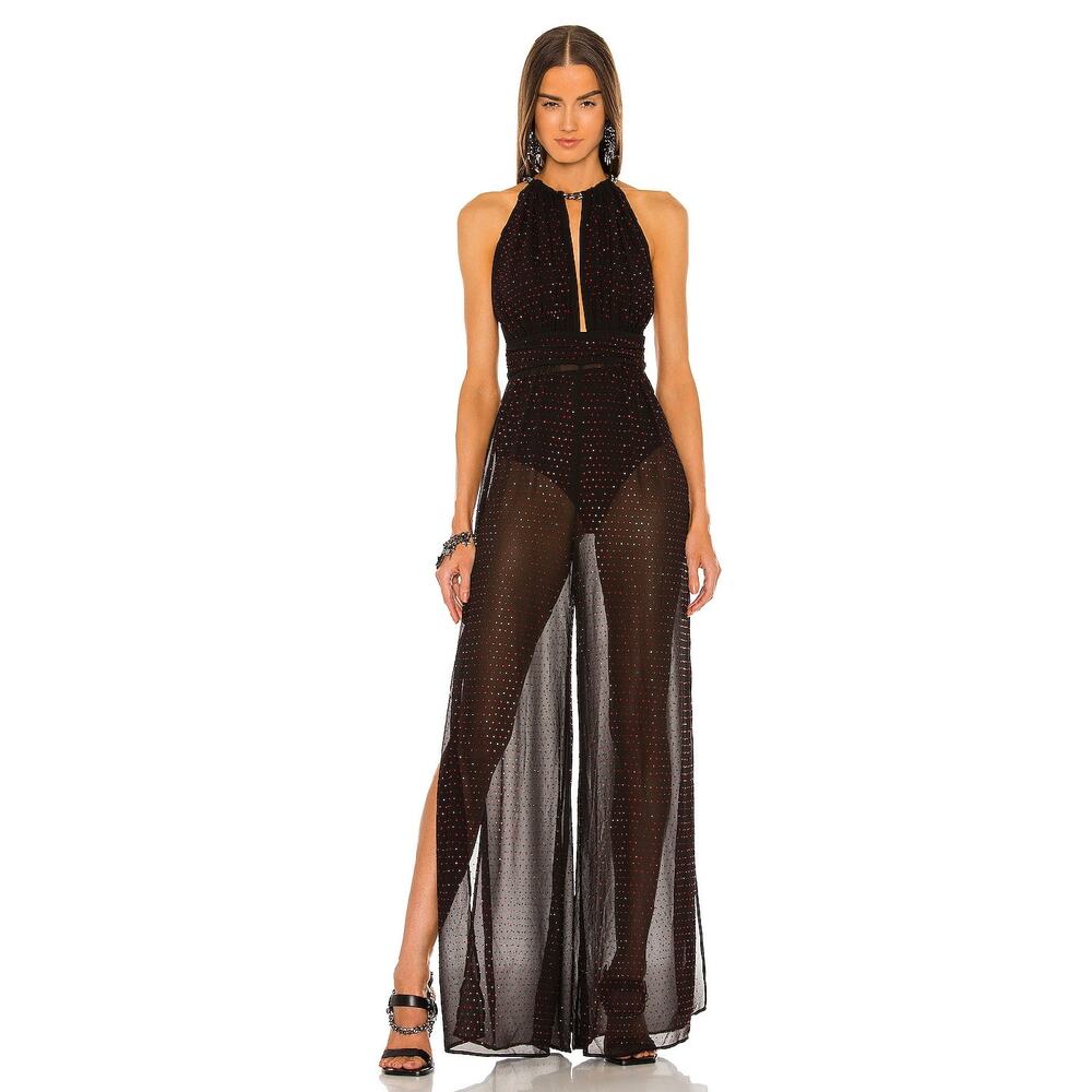 Dundas Gem Jumpsuit Black Ruby Crystal Embellished Sheer‎ Sz S